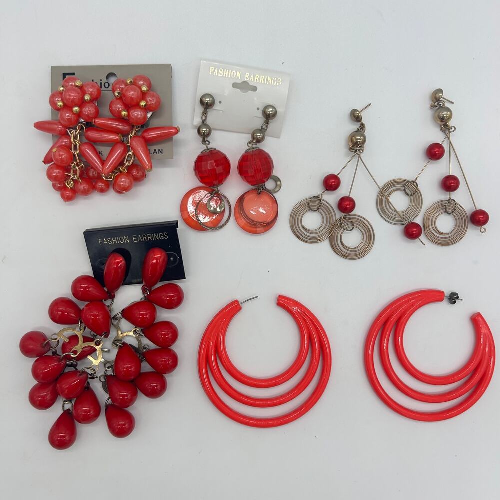 Vintage Red Earrings Lot Bundle Big Bold Statement 80's 90's Kitsch Jewelry